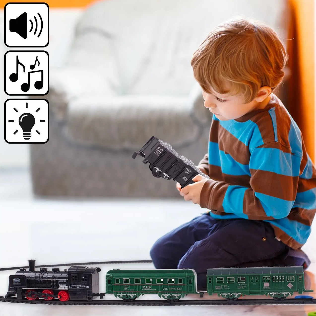 Circuit Electric cu Tren idealSTORE, Accesorizat cu Sunete si Lumini, Include 2 Vagoane de pasageri, 2 vagoane de marfa, Stimuleaza Imaginatia si Creativitatea