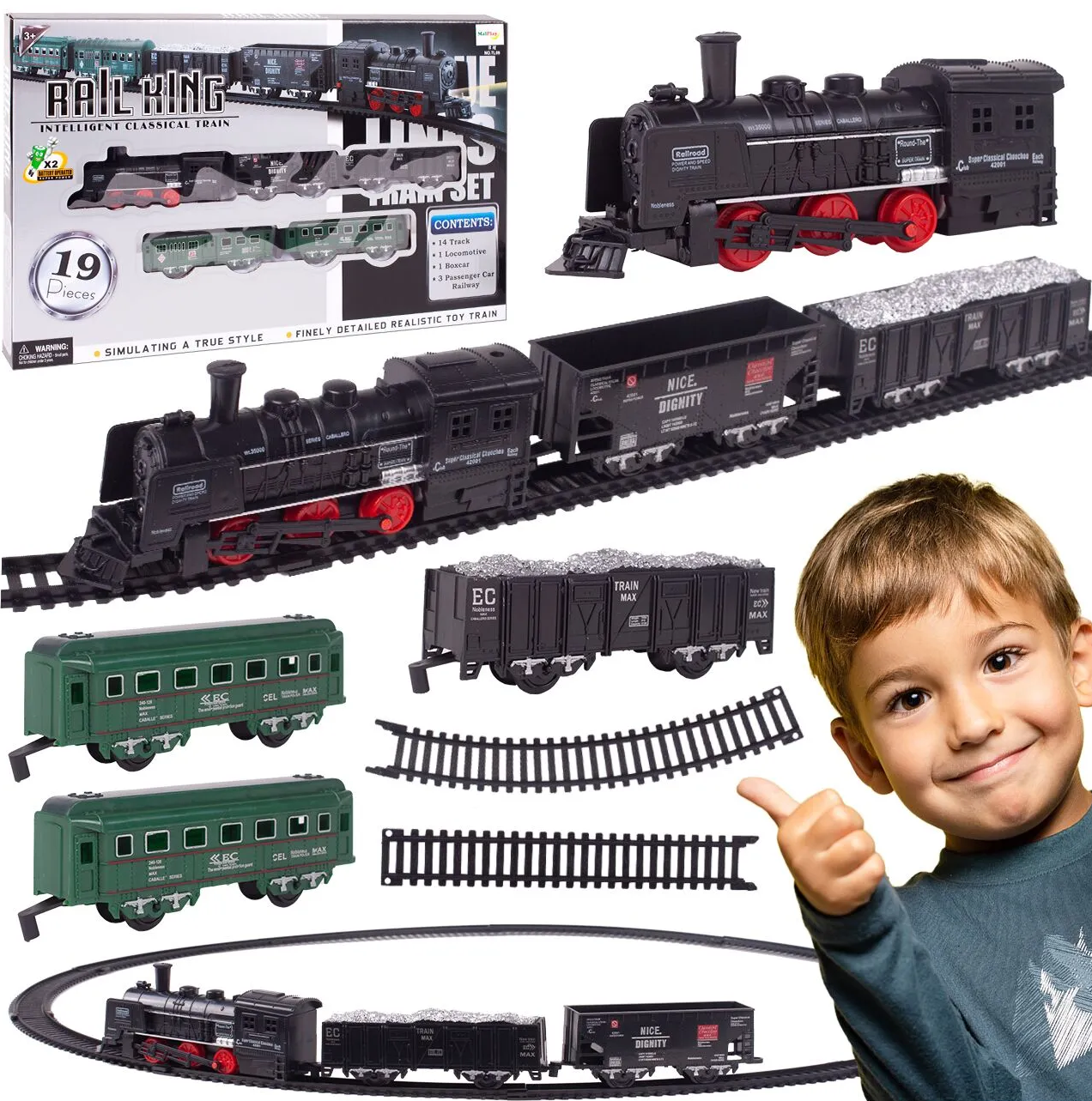 Circuit Electric cu Tren idealSTORE, Accesorizat cu Sunete si Lumini, Include 2 Vagoane de pasageri, 2 vagoane de marfa, Stimuleaza Imaginatia si Creativitatea