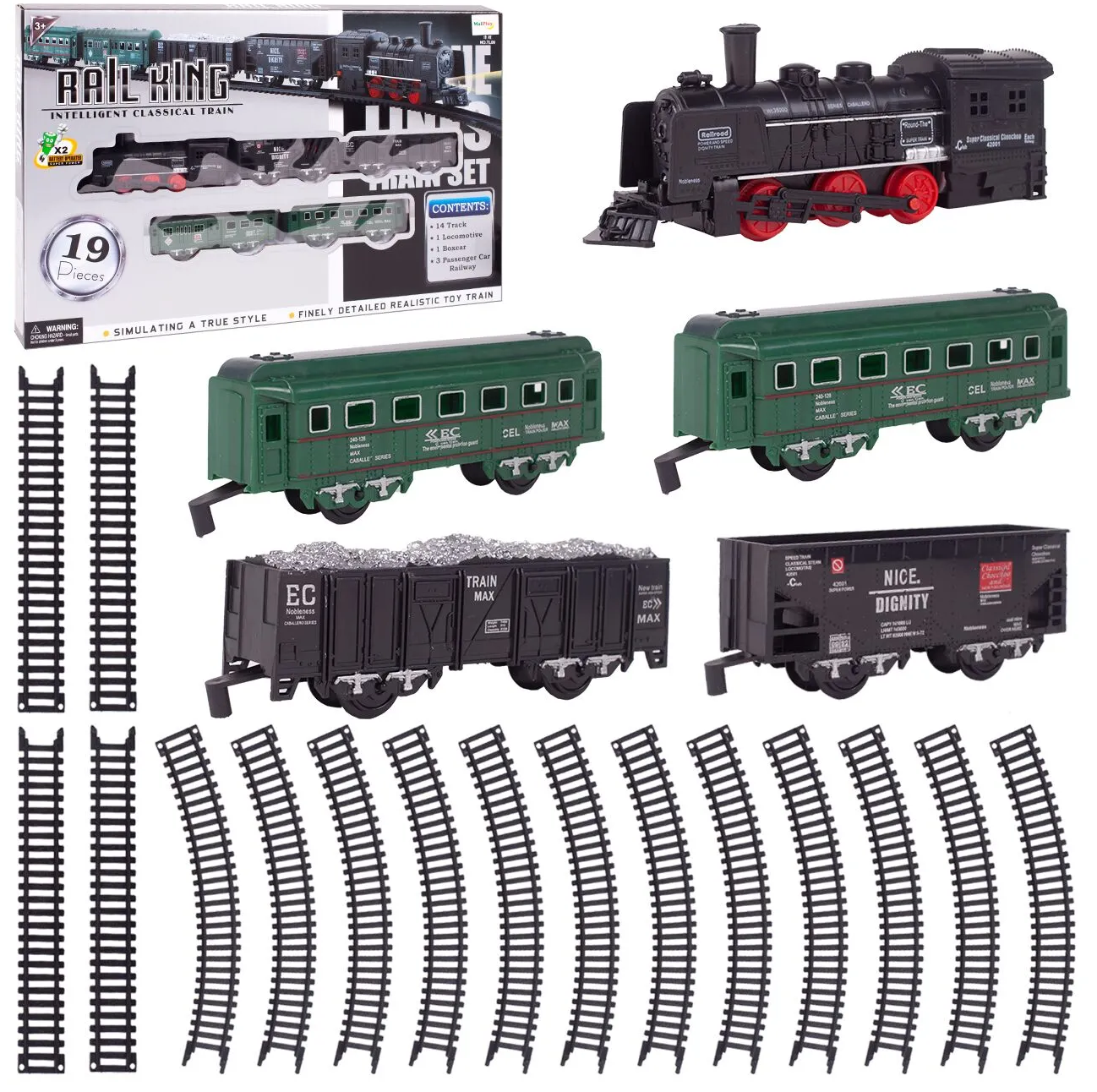 Circuit Electric cu Tren idealSTORE, Accesorizat cu Sunete si Lumini, Include 2 Vagoane de pasageri, 2 vagoane de marfa, Stimuleaza Imaginatia si Creativitatea