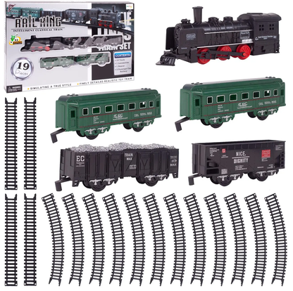 Circuit Electric cu Tren idealSTORE, Accesorizat cu Sunete si Lumini, Include 2 Vagoane de pasageri, 2 vagoane de marfa, Stimuleaza Imaginatia si Creativitatea