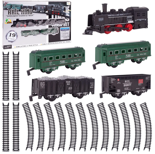 Circuit Electric cu Tren idealSTORE, Accesorizat cu Sunete si Lumini, Include 2 Vagoane de pasageri, 2 vagoane de marfa, Stimuleaza Imaginatia si Creativitatea