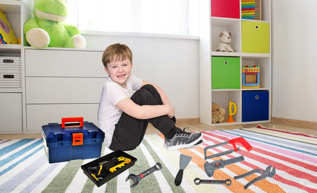 Trusa de Bricolaj idealStore ToolToys, cu Bormasina, Ciocan, Ustensile de Strangere si Filetare, Ciocan, Chei, Surubelnite, Dezvolta Creativitatea si Simturile Practice, Multicolor