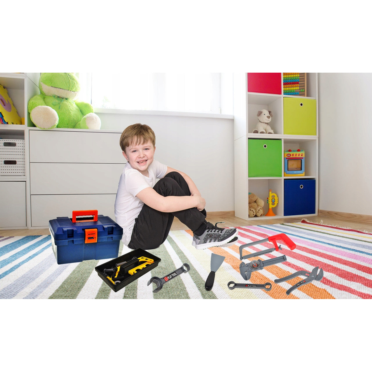 Trusa de Bricolaj idealStore ToolToys, cu Bormasina, Ciocan, Ustensile de Strangere si Filetare, Ciocan, Chei, Surubelnite, Dezvolta Creativitatea si Simturile Practice, Multicolor