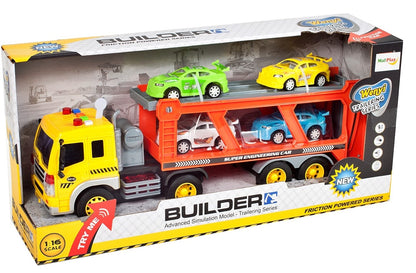 Camion Interactiv cu Remorca si 4 Masini IDL, Fulger M, Scara 1:16, Dimensiuni 37.0 x 16.0 x 9.0 cm, Dotat cu rampa ce ofera posibilitatea manevrarii masinutelor si descoperirea distractiei
