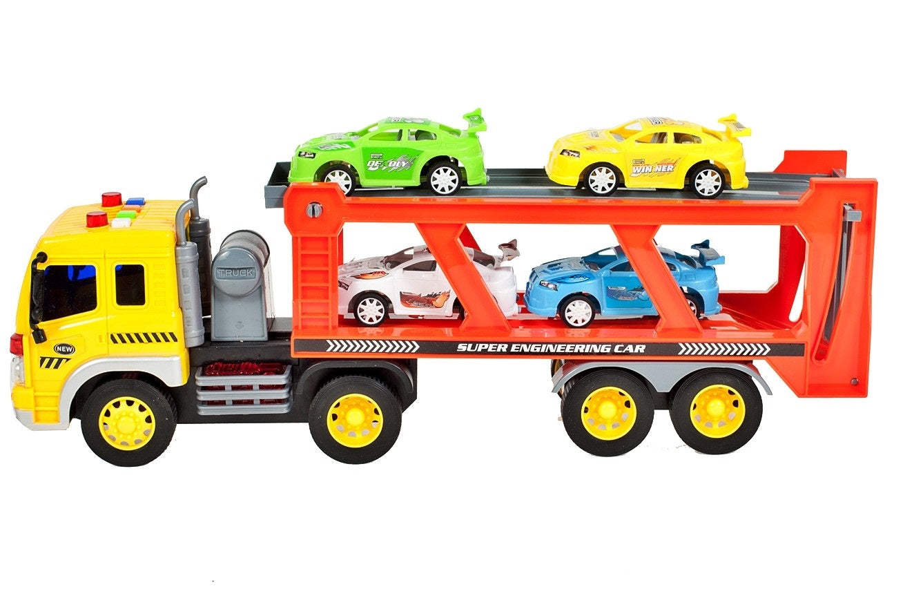 Camion Interactiv cu Remorca si 4 Masini IDL, Fulger M, Scara 1:16, Dimensiuni 37.0 x 16.0 x 9.0 cm, Dotat cu rampa ce ofera posibilitatea manevrarii masinutelor si descoperirea distractiei