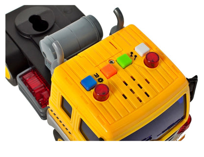 Camion Interactiv cu Remorca si 4 Masini IDL, Fulger M, Scara 1:16, Dimensiuni 37.0 x 16.0 x 9.0 cm, Dotat cu rampa ce ofera posibilitatea manevrarii masinutelor si descoperirea distractiei