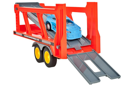 Camion Interactiv cu Remorca si 4 Masini IDL, Fulger M, Scara 1:16, Dimensiuni 37.0 x 16.0 x 9.0 cm, Dotat cu rampa ce ofera posibilitatea manevrarii masinutelor si descoperirea distractiei