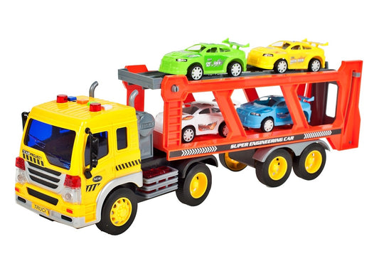 Camion Interactiv cu Remorca si 4 Masini IDL, Fulger M, Scara 1:16, Dimensiuni 37.0 x 16.0 x 9.0 cm, Dotat cu rampa ce ofera posibilitatea manevrarii masinutelor si descoperirea distractiei