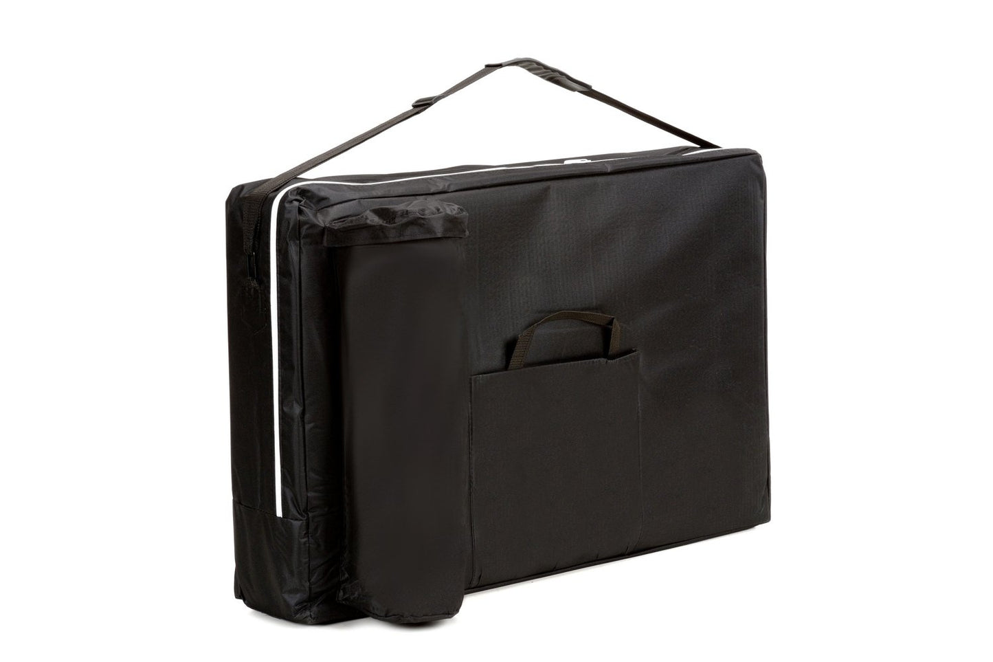 Masa de masaj pliabila idealSTORE, 2 segmente, Inaltime reglabila 62-84 cm, Piele ecologica moale, 2 cotiere laterale, Structura din lemn, Sarcina 250 KG, Rezistenta la uleiuri si apa, Include geanta de transport cadou, Negru Portocaliu