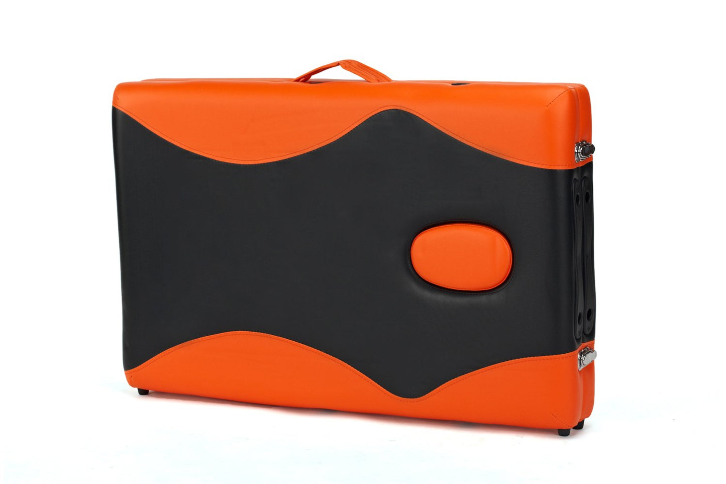 Masa de masaj pliabila idealSTORE, 2 segmente, Inaltime reglabila 62-84 cm, Piele ecologica moale, 2 cotiere laterale, Structura din lemn, Sarcina 250 KG, Rezistenta la uleiuri si apa, Include geanta de transport cadou, Negru Portocaliu