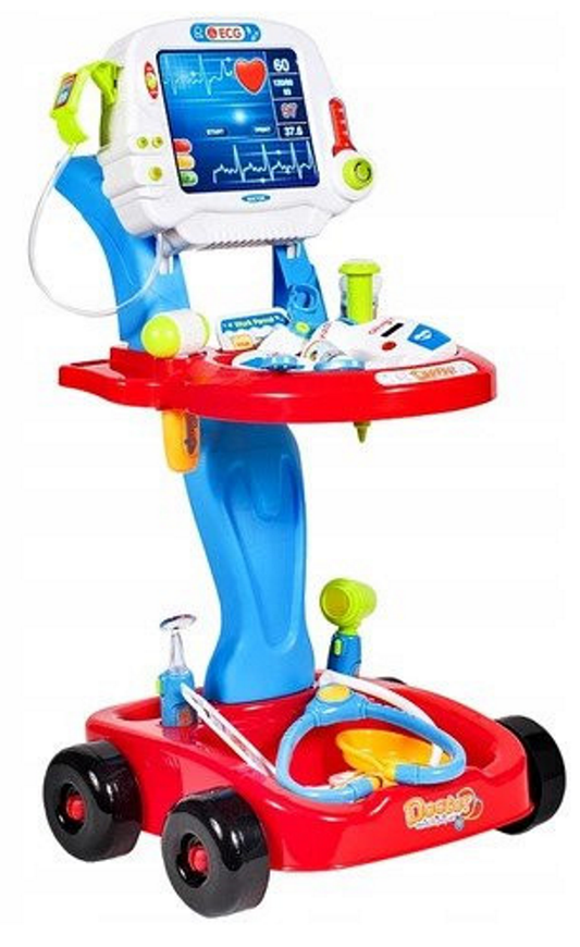 Joc de rol idealStore Micul Doctor, Model interactiv cu diverse accesorii si instrumente medicale, portabil, cu panou EKG, din plastic ABS, Multicolor