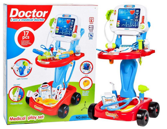 Joc de rol idealStore Micul Doctor, Model interactiv cu diverse accesorii si instrumente medicale, portabil, cu panou EKG, din plastic ABS, Multicolor
