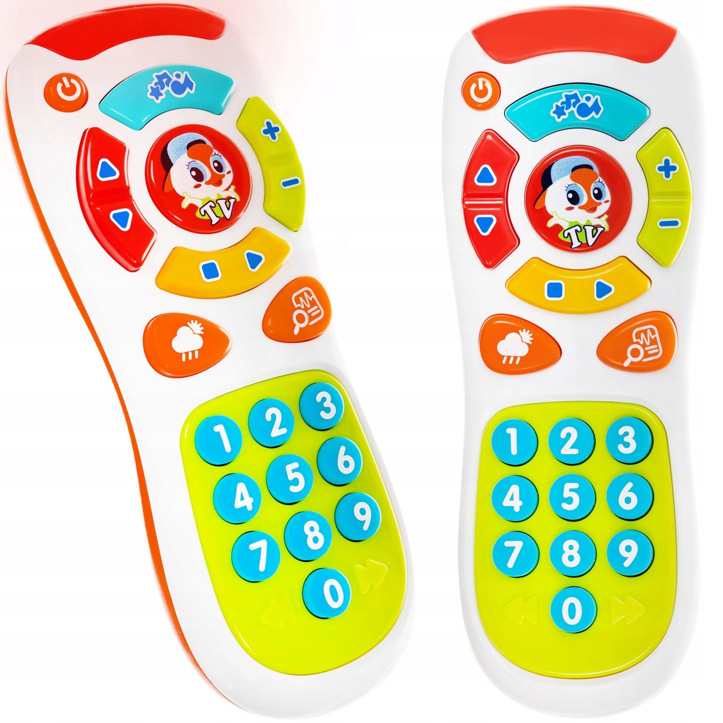 Telecomanda muzicala interactiva TV Penguin idealSTORE, Dimensiuni 17 x 7 cm, Include 18 butoane cu diferite functii, Efecte sonore si de lumina, Reglare sunet, Buton Oprire/Pornire, Multicolor