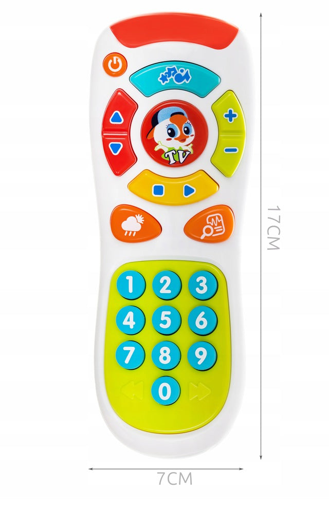 Telecomanda muzicala interactiva TV Penguin idealSTORE, Dimensiuni 17 x 7 cm, Include 18 butoane cu diferite functii, Efecte sonore si de lumina, Reglare sunet, Buton Oprire/Pornire, Multicolor