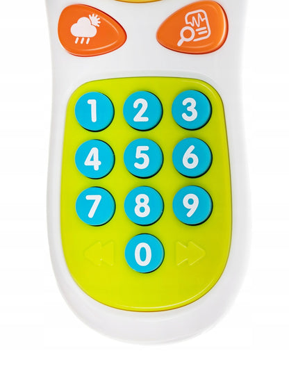 Telecomanda muzicala interactiva TV Penguin idealSTORE, Dimensiuni 17 x 7 cm, Include 18 butoane cu diferite functii, Efecte sonore si de lumina, Reglare sunet, Buton Oprire/Pornire, Multicolor