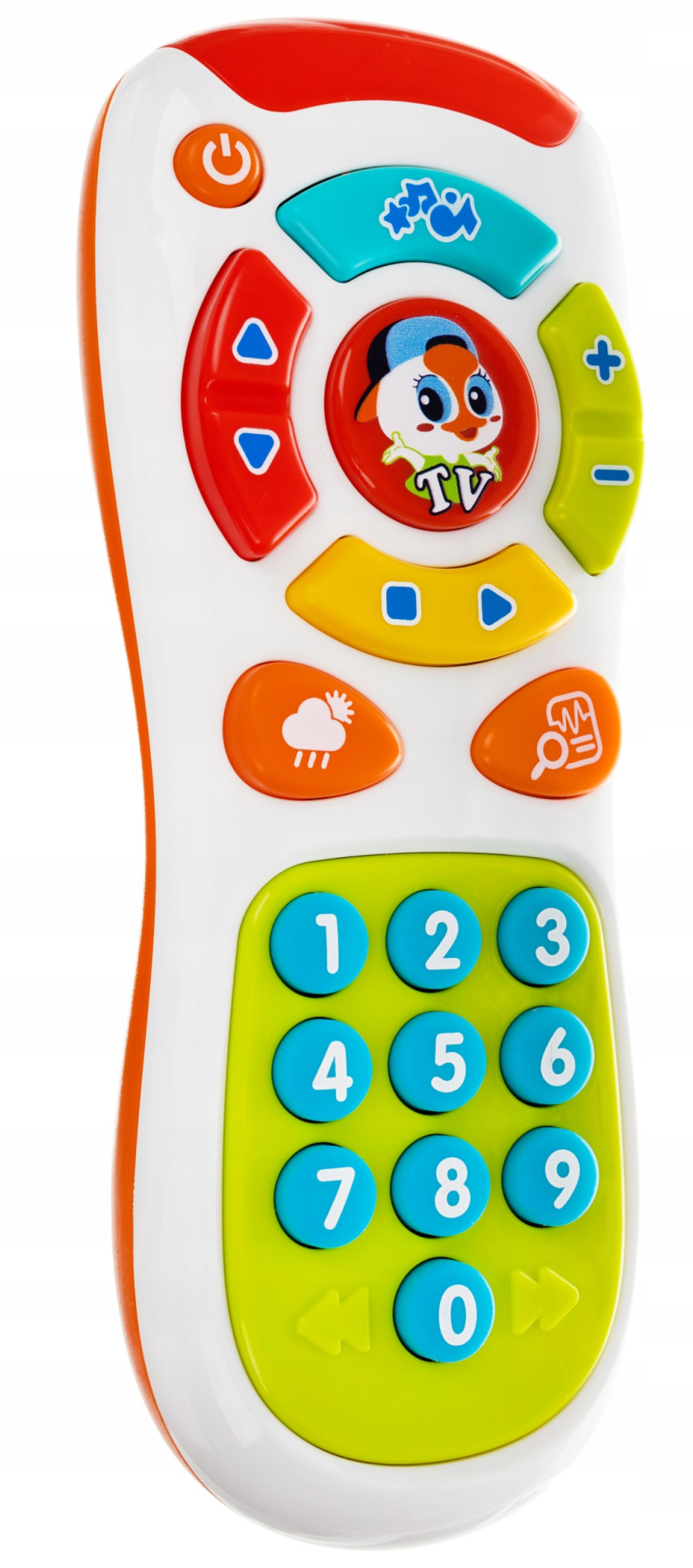 Telecomanda muzicala interactiva TV Penguin idealSTORE, Dimensiuni 17 x 7 cm, Include 18 butoane cu diferite functii, Efecte sonore si de lumina, Reglare sunet, Buton Oprire/Pornire, Multicolor