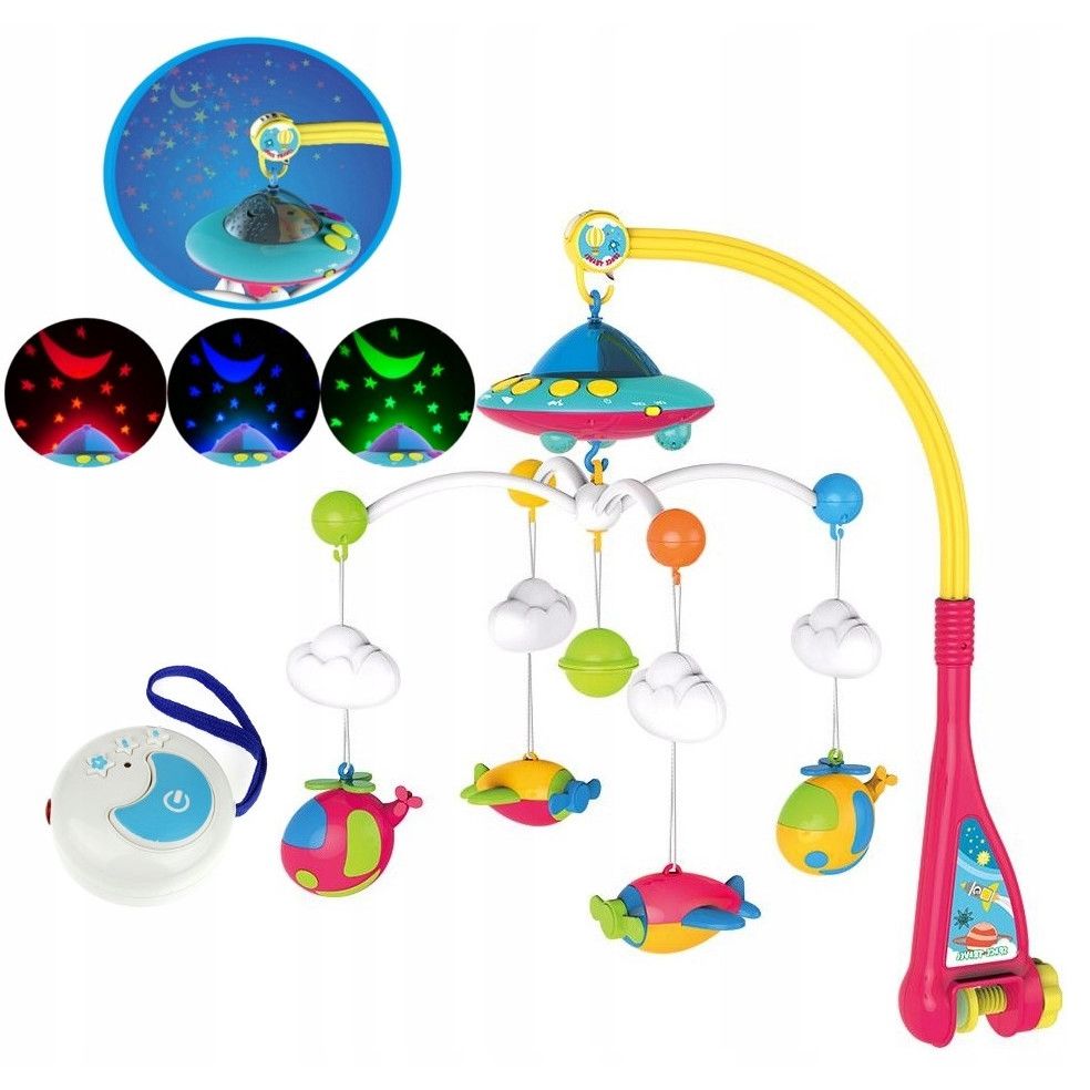 Carusel Interactiv Multifunctional Baby Sleep idealSTORE, Include Proiector de Veghe cu Stele si 108 Melodii, Accesorizat cu Diferite jucarii Multicolore, Rotire 360 grade, Melodii si Cantece linistite, Dezvolta imaginatia si Simtul Vizual