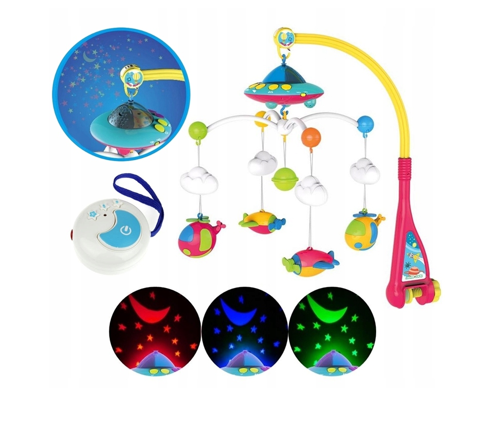 Carusel Interactiv Multifunctional Baby Sleep idealSTORE, Include Proiector de Veghe cu Stele si 108 Melodii, Accesorizat cu Diferite jucarii Multicolore, Rotire 360 grade, Melodii si Cantece linistite, Dezvolta imaginatia si Simtul Vizual