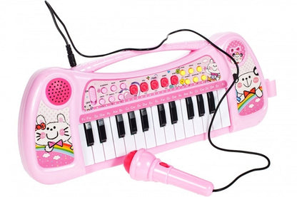 Centru de activitati Mica Pianista cu Orga si Microfon, Melodii si Luminite, Difuzor incorporat, Dimensiuni 47 cm lungime, 18,5 cm latime, Picioruse Antiderapante, Culoare Roz