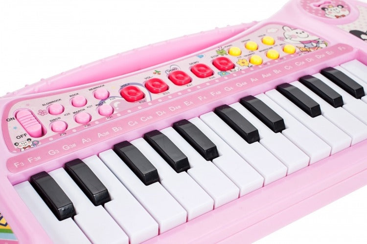 Centru de activitati Mica Pianista cu Orga si Microfon, Melodii si Luminite, Difuzor incorporat, Dimensiuni 47 cm lungime, 18,5 cm latime, Picioruse Antiderapante, Culoare Roz