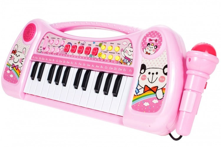 Centru de activitati Mica Pianista cu Orga si Microfon, Melodii si Luminite, Difuzor incorporat, Dimensiuni 47 cm lungime, 18,5 cm latime, Picioruse Antiderapante, Culoare Roz