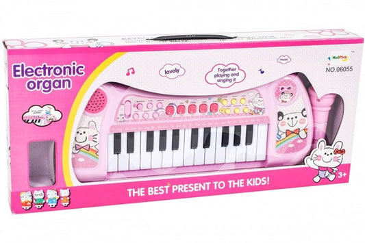 Centru de activitati Mica Pianista cu Orga si Microfon, Melodii si Luminite, Difuzor incorporat, Dimensiuni 47 cm lungime, 18,5 cm latime, Picioruse Antiderapante, Culoare Roz
