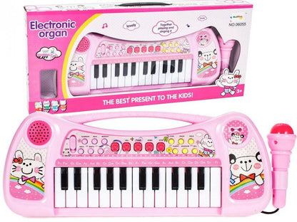 Centru de activitati Mica Pianista cu Orga si Microfon, Melodii si Luminite, Difuzor incorporat, Dimensiuni 47 cm lungime, 18,5 cm latime, Picioruse Antiderapante, Culoare Roz