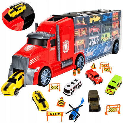 Set de Masinute, Heavy Truck, Cutie in Forma de Camion, 53 CM Lungime, cu Maner si Panou Transparent, 5 Masinute, Elicopter si Semnalizatoare Rutiere Incluse, Rosu