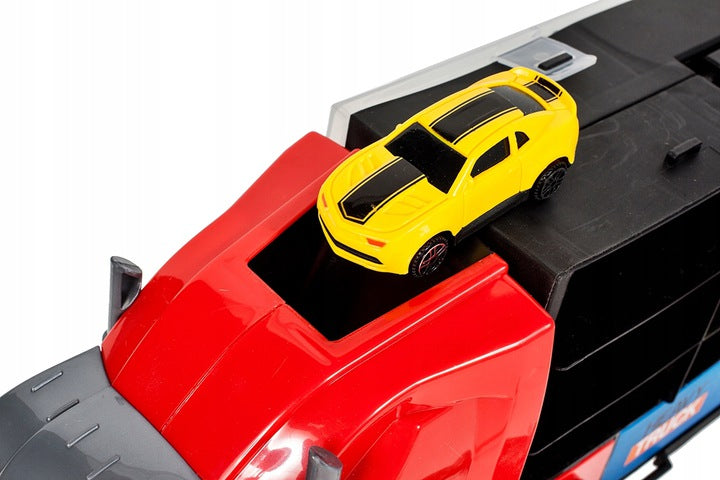 Set de Masinute, Heavy Truck, Cutie in Forma de Camion, 53 CM Lungime, cu Maner si Panou Transparent, 5 Masinute, Elicopter si Semnalizatoare Rutiere Incluse, Rosu