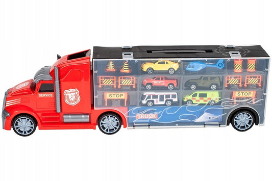 Set de Masinute, Heavy Truck, Cutie in Forma de Camion, 53 CM Lungime, cu Maner si Panou Transparent, 5 Masinute, Elicopter si Semnalizatoare Rutiere Incluse, Rosu