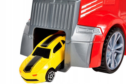 Set de Masinute, Heavy Truck, Cutie in Forma de Camion, 53 CM Lungime, cu Maner si Panou Transparent, 5 Masinute, Elicopter si Semnalizatoare Rutiere Incluse, Rosu