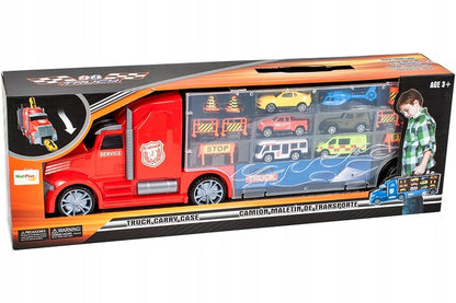 Set de Masinute, Heavy Truck, Cutie in Forma de Camion, 53 CM Lungime, cu Maner si Panou Transparent, 5 Masinute, Elicopter si Semnalizatoare Rutiere Incluse, Rosu