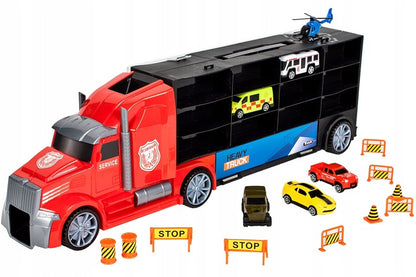 Set de Masinute, Heavy Truck, Cutie in Forma de Camion, 53 CM Lungime, cu Maner si Panou Transparent, 5 Masinute, Elicopter si Semnalizatoare Rutiere Incluse, Rosu