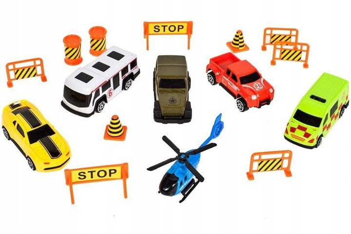 Set de Masinute, Heavy Truck, Cutie in Forma de Camion, 53 CM Lungime, cu Maner si Panou Transparent, 5 Masinute, Elicopter si Semnalizatoare Rutiere Incluse, Rosu