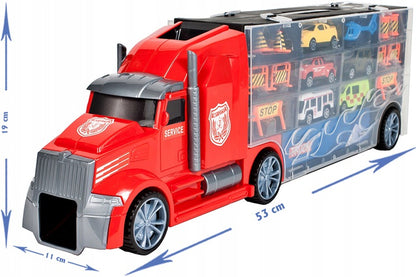 Set de Masinute, Heavy Truck, Cutie in Forma de Camion, 53 CM Lungime, cu Maner si Panou Transparent, 5 Masinute, Elicopter si Semnalizatoare Rutiere Incluse, Rosu