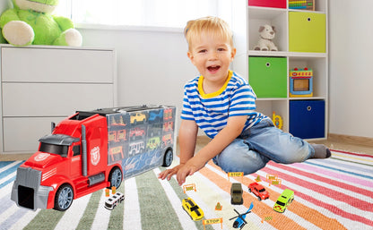 Set de Masinute, Heavy Truck, Cutie in Forma de Camion, 53 CM Lungime, cu Maner si Panou Transparent, 5 Masinute, Elicopter si Semnalizatoare Rutiere Incluse, Rosu