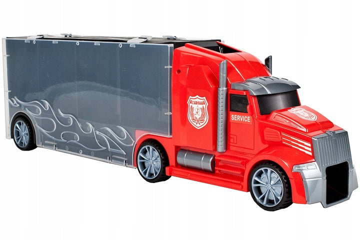 Set de Masinute, Heavy Truck, Cutie in Forma de Camion, 53 CM Lungime, cu Maner si Panou Transparent, 5 Masinute, Elicopter si Semnalizatoare Rutiere Incluse, Rosu