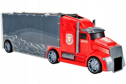 Set de Masinute, Heavy Truck, Cutie in Forma de Camion, 53 CM Lungime, cu Maner si Panou Transparent, 5 Masinute, Elicopter si Semnalizatoare Rutiere Incluse, Rosu