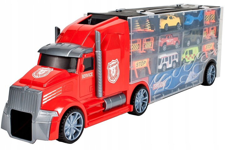 Set de Masinute, Heavy Truck, Cutie in Forma de Camion, 53 CM Lungime, cu Maner si Panou Transparent, 5 Masinute, Elicopter si Semnalizatoare Rutiere Incluse, Rosu