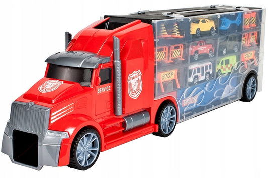 Set de Masinute, Heavy Truck, Cutie in Forma de Camion, 53 CM Lungime, cu Maner si Panou Transparent, 5 Masinute, Elicopter si Semnalizatoare Rutiere Incluse, Rosu