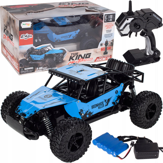 Masinuta Cu Telecomanda si Suspensii Metal OFFROAD, Scara 1.16, Marime 28 x 18.5 x 12 cm, Manevrabilitate Ridicata, Cauciucuri Rezistente, Telecomanda Usor de Folosit, Viteza Maxima 20 km/h, Culoare Albastra