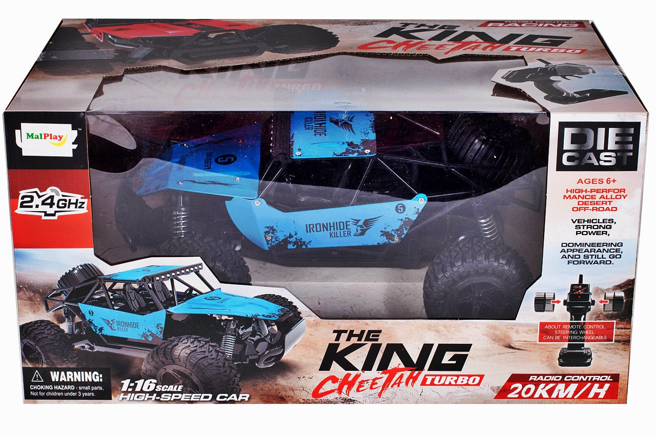 Masinuta Cu Telecomanda si Suspensii Metal OFFROAD, Scara 1.16, Marime 28 x 18.5 x 12 cm, Manevrabilitate Ridicata, Cauciucuri Rezistente, Telecomanda Usor de Folosit, Viteza Maxima 20 km/h, Culoare Albastra