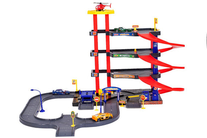Set de joaca complex IDL MY FIRST PARKING, Multitudine de accesorii simbolice: Masini, Elicopter, Parcare auto pe 4 nivele, Statie de benzina, Porti si Semne auto, ce asigura intregul centru de transport pentru ore intregi dedicate distractiei
