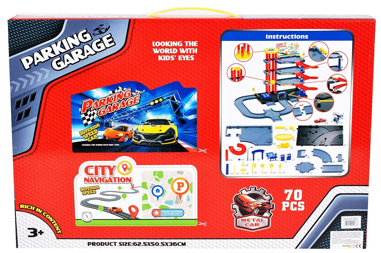 Set de joaca complex IDL MY FIRST PARKING, Multitudine de accesorii simbolice: Masini, Elicopter, Parcare auto pe 4 nivele, Statie de benzina, Porti si Semne auto, ce asigura intregul centru de transport pentru ore intregi dedicate distractiei