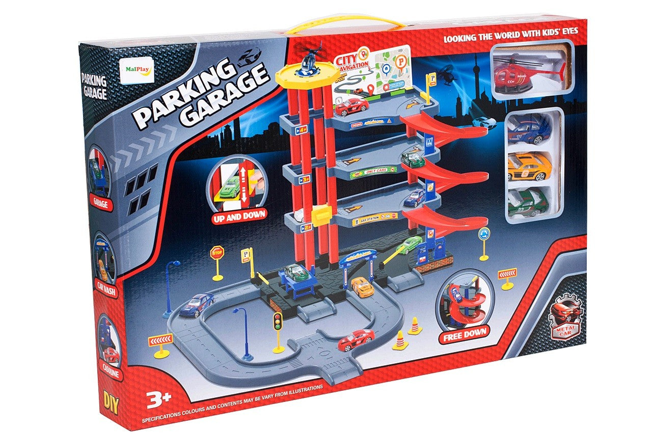 Set de joaca complex IDL MY FIRST PARKING, Multitudine de accesorii simbolice: Masini, Elicopter, Parcare auto pe 4 nivele, Statie de benzina, Porti si Semne auto, ce asigura intregul centru de transport pentru ore intregi dedicate distractiei