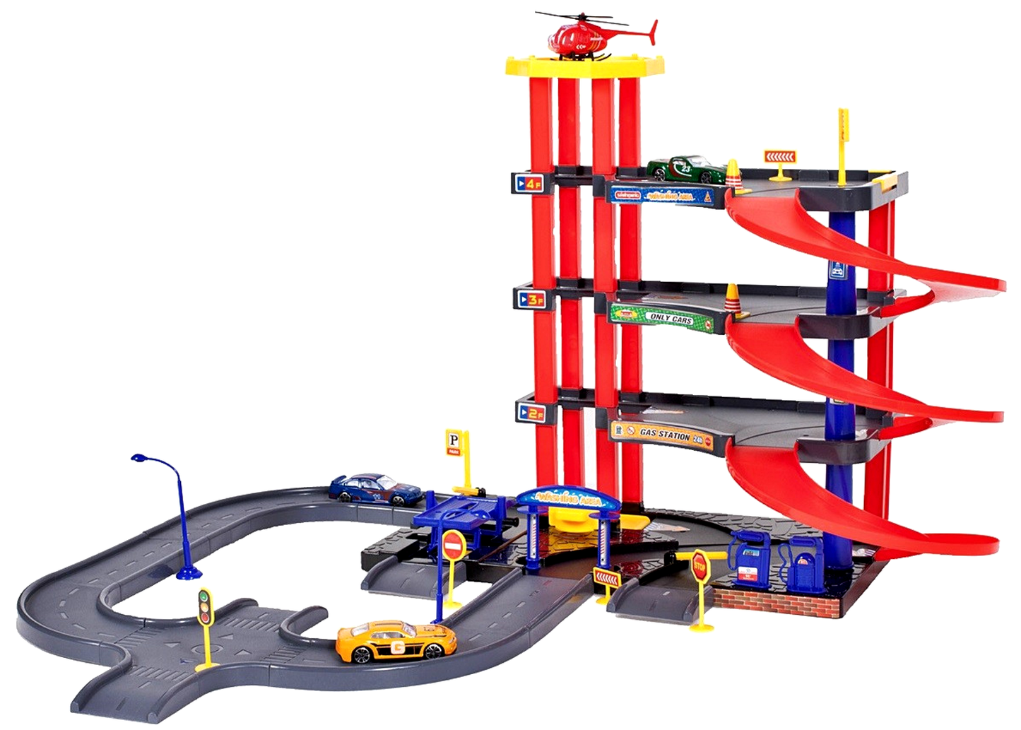 Set de joaca complex IDL MY FIRST PARKING, Multitudine de accesorii simbolice: Masini, Elicopter, Parcare auto pe 4 nivele, Statie de benzina, Porti si Semne auto, ce asigura intregul centru de transport pentru ore intregi dedicate distractiei