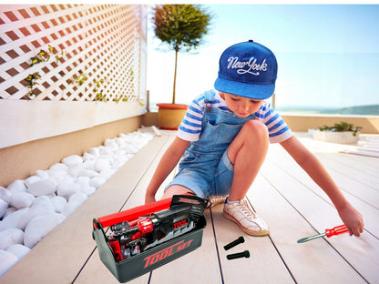 Trusa de scule idealStore BricoBest, cu Bormasina, Patent, Ciocan, Chei si multe accesorii, Dezvolta Creativitatea, Coordonarea si Imaginatia, culoare Rosu-Negru