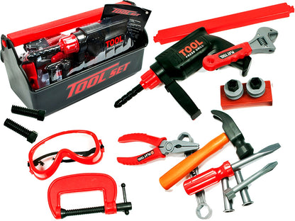 Trusa de scule idealStore BricoBest, cu Bormasina, Patent, Ciocan, Chei si multe accesorii, Dezvolta Creativitatea, Coordonarea si Imaginatia, culoare Rosu-Negru