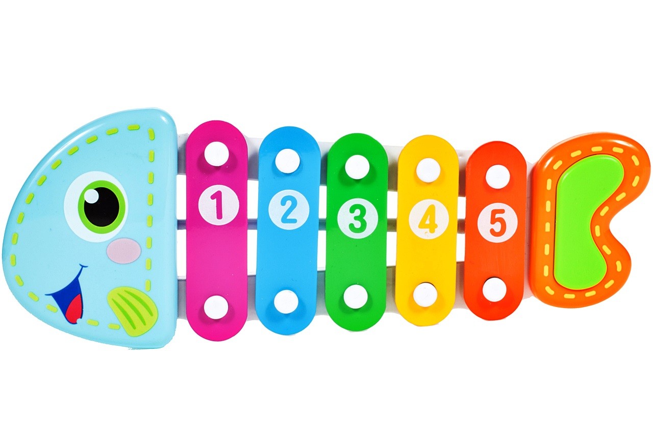 Xilofon Muzical Piranha Fish, 24 cm lungime, Permite dezvoltarea abilitatilor muzicale ce creaza o aventura a sunetelor, Instrument muzical in forma de pestisor ce stimuleaza coordonarea motorie si auditiva implicand multe simturi, Culoare-Multicolor