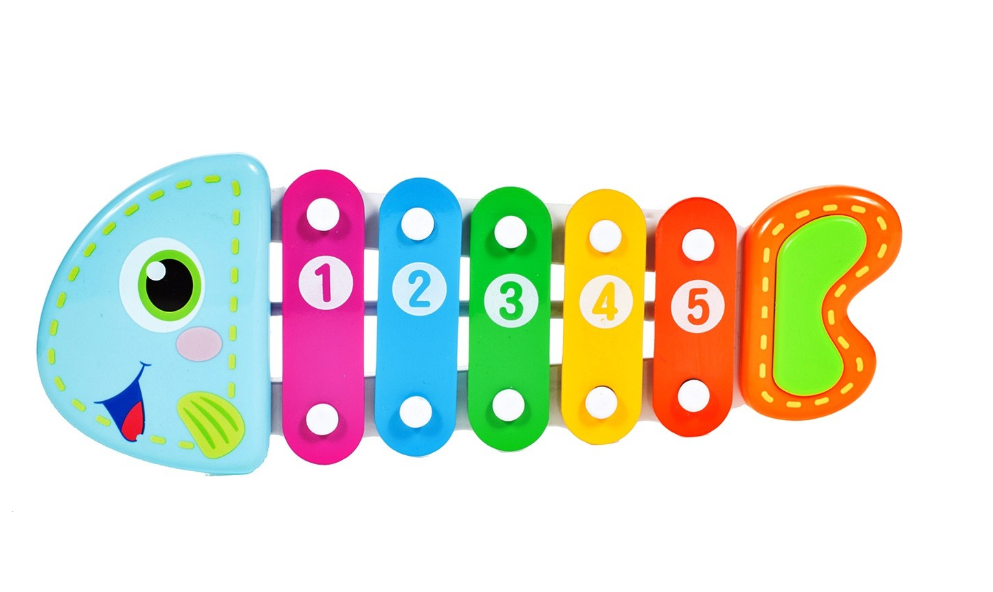 Xilofon Muzical Piranha Fish, 24 cm lungime, Permite dezvoltarea abilitatilor muzicale ce creaza o aventura a sunetelor, Instrument muzical in forma de pestisor ce stimuleaza coordonarea motorie si auditiva implicand multe simturi, Culoare-Multicolor